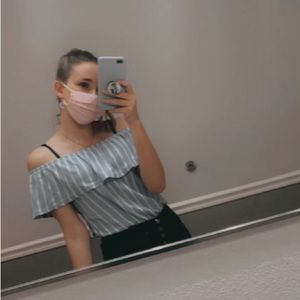 Old Navy XS blue and white striped off-shoulder blouse